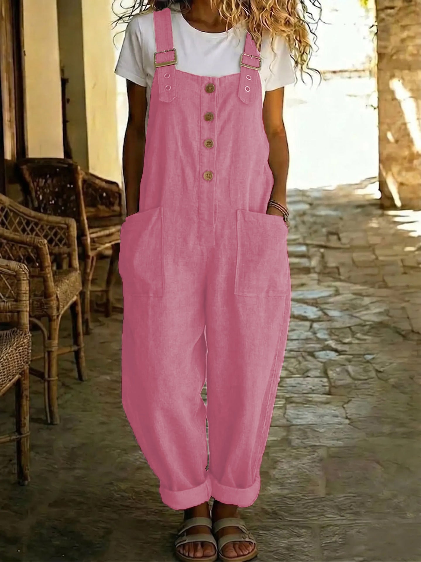 Solid-color Vintage Straight-leg Overalls For Women