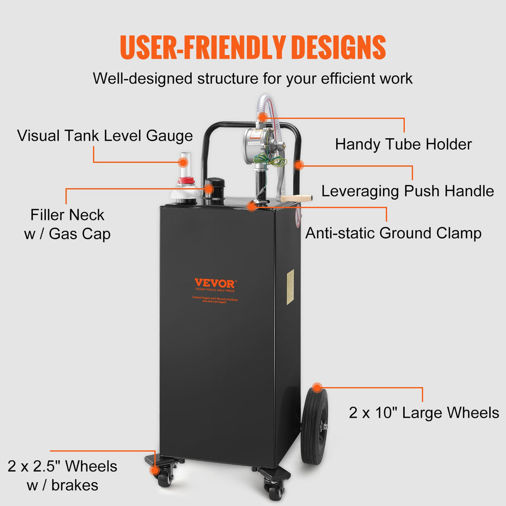 30 Gallon Fuel Caddy, Gas Storage Tank  4 Wheels, With Manuel Transfer Pump, Gasoline Fuel Container For Cars, Lawn Mowers, ATVs, Boats, More, Black