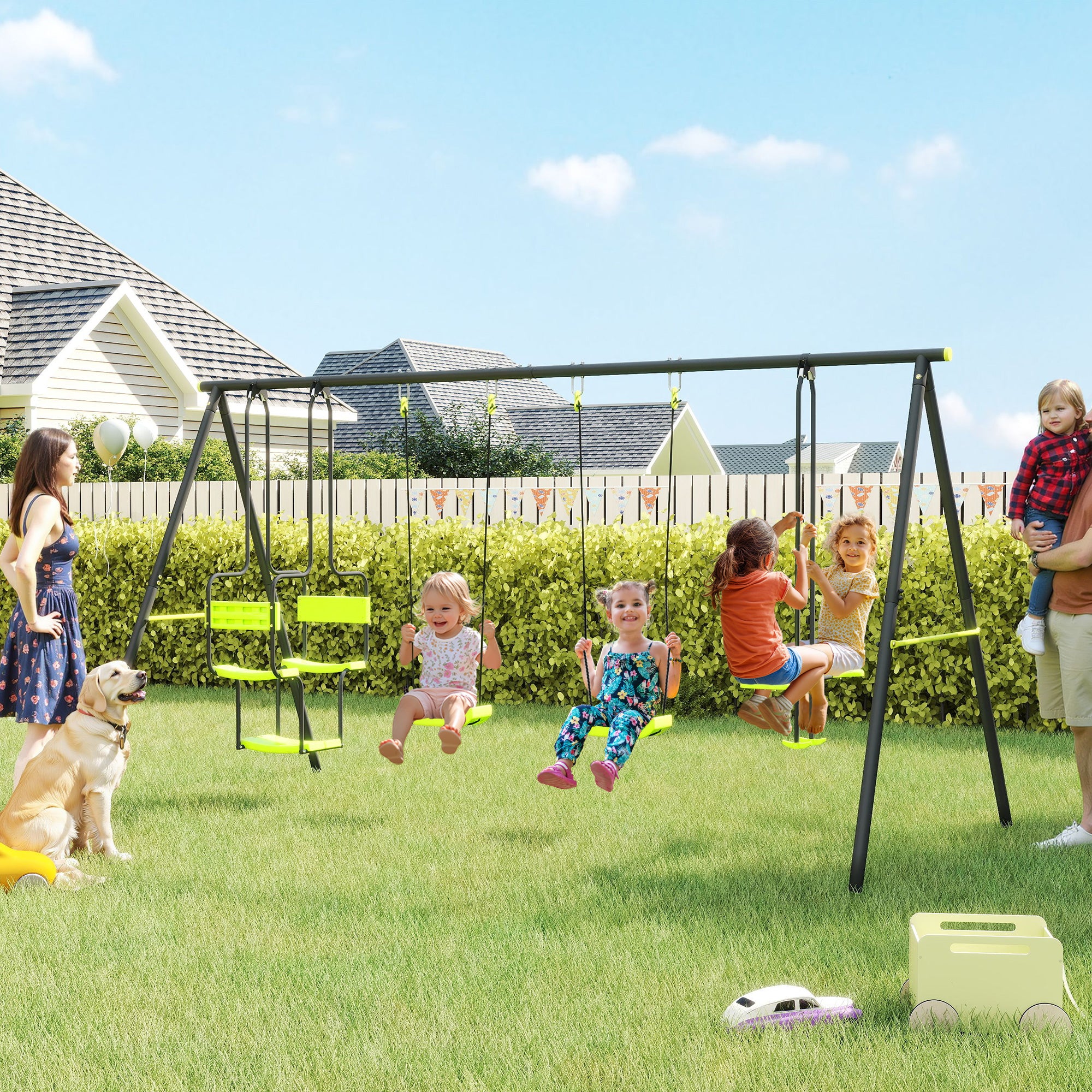 Metal Garden Swing Set With Double Swings, Glider, Swing Seats - Green