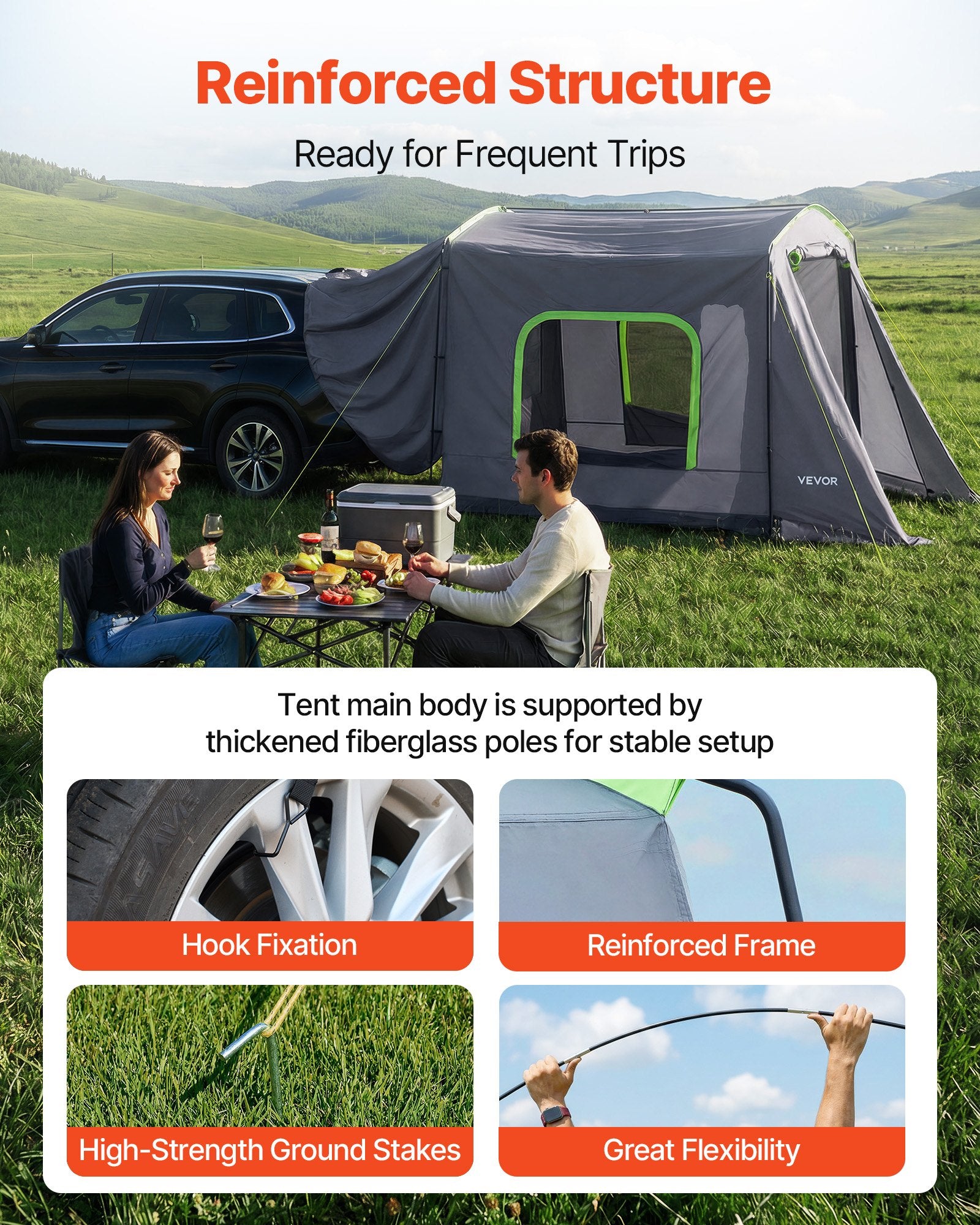 Large SUV Tent For 5–9 Person, 10.6 X 8 FT All-Season SUV Tailgate Tent With Ventilated Door & Mesh Windows, PU3000mm Waterproof Dual-Use Car Rear Hatch Tents For Outdoor Camping Hiking