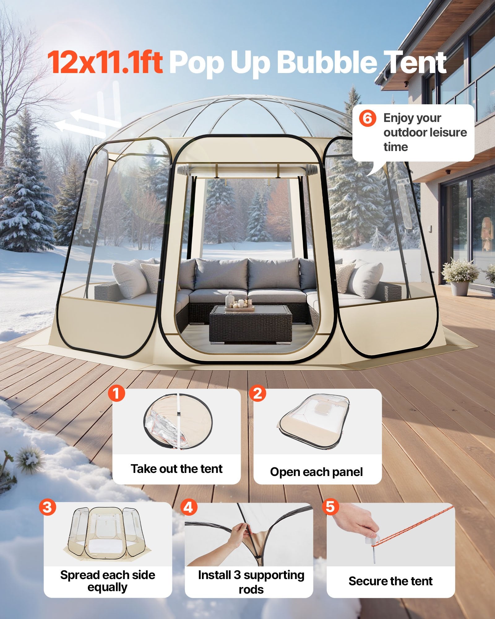 Pop Up Bubble Tent, 12 X 11.1 Ft Waterproof & UV-Resistant, Clear Camping Tent Shelter, Outdoor Garden Dome Igloo Tents With Windows, 540° Panoramic View, For 10-12 Persons Patio Backyard