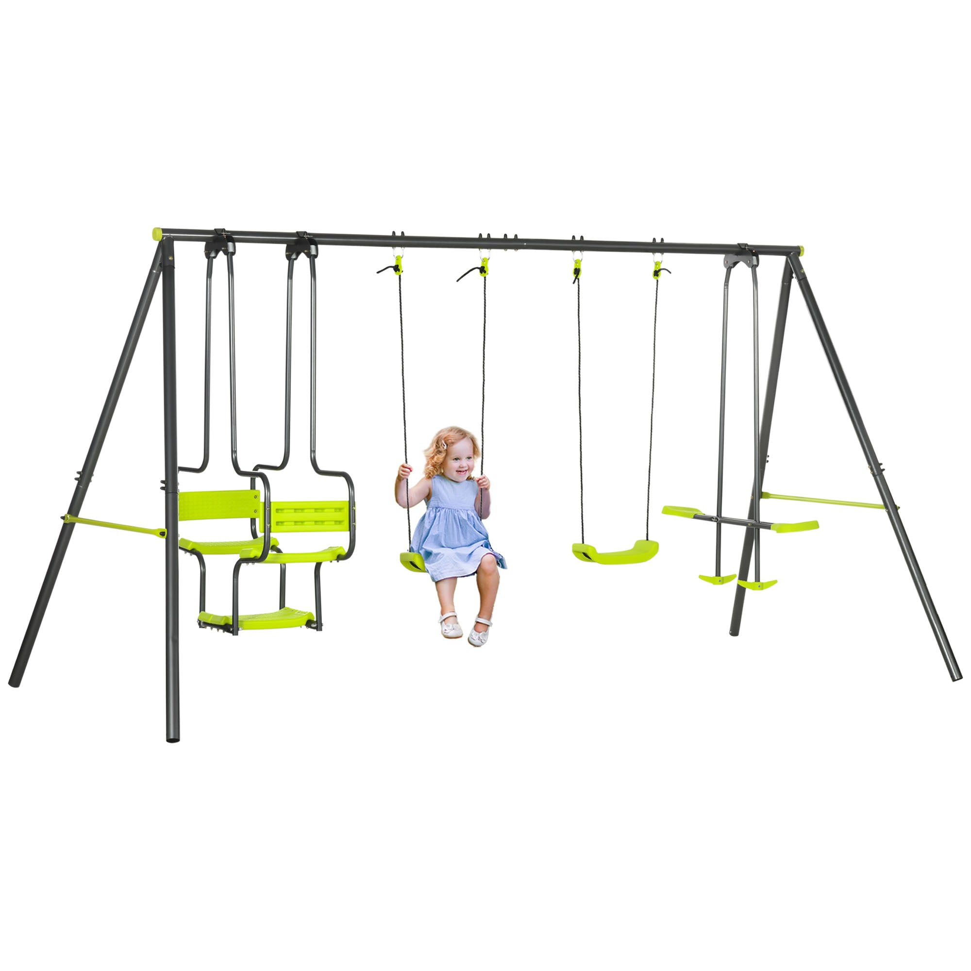 Metal Garden Swing Set With Double Swings, Glider, Swing Seats - Green