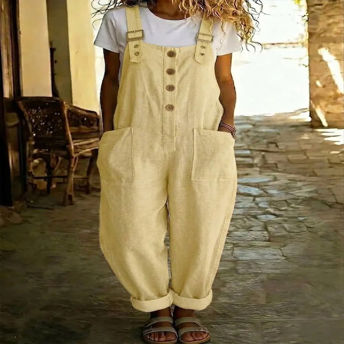 Solid-color Vintage Straight-leg Overalls For Women