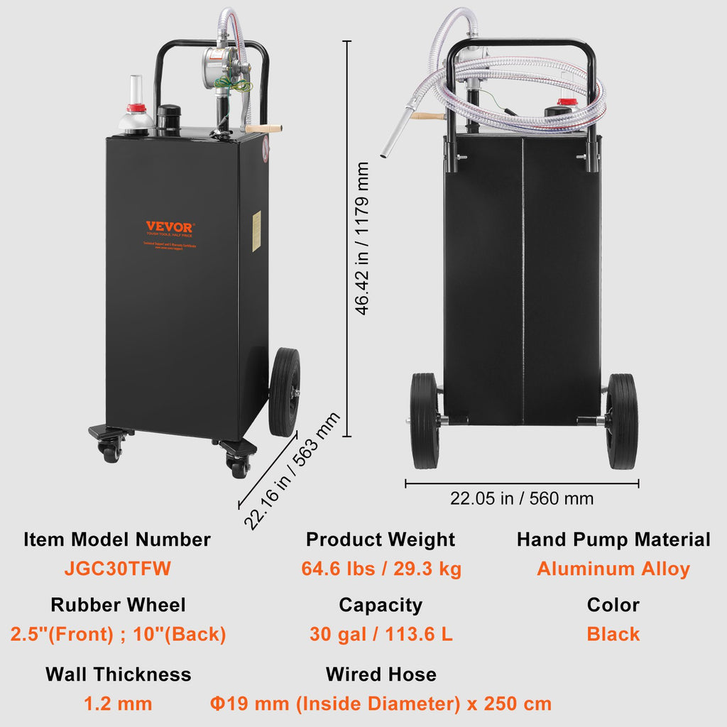 30 Gallon Fuel Caddy, Gas Storage Tank  4 Wheels, With Manuel Transfer Pump, Gasoline Fuel Container For Cars, Lawn Mowers, ATVs, Boats, More, Black