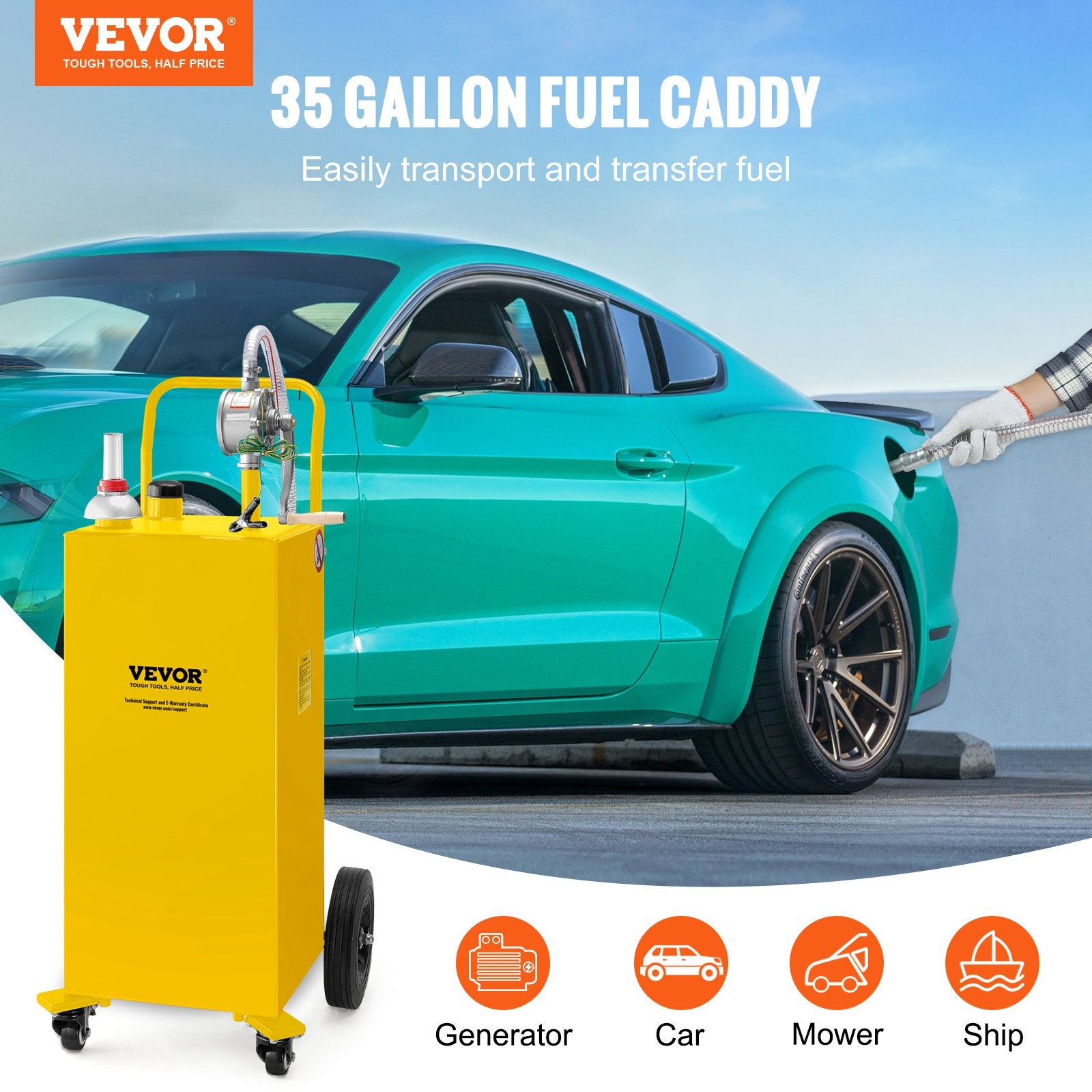 Fuel Caddy, 35 Gallon, Gas Storage Tank On 4 Wheels, With Manuel Transfer Pump, Gasoline Diesel Fuel Container For Cars, Lawn Mowers, ATVs, Boats, More, Yellow