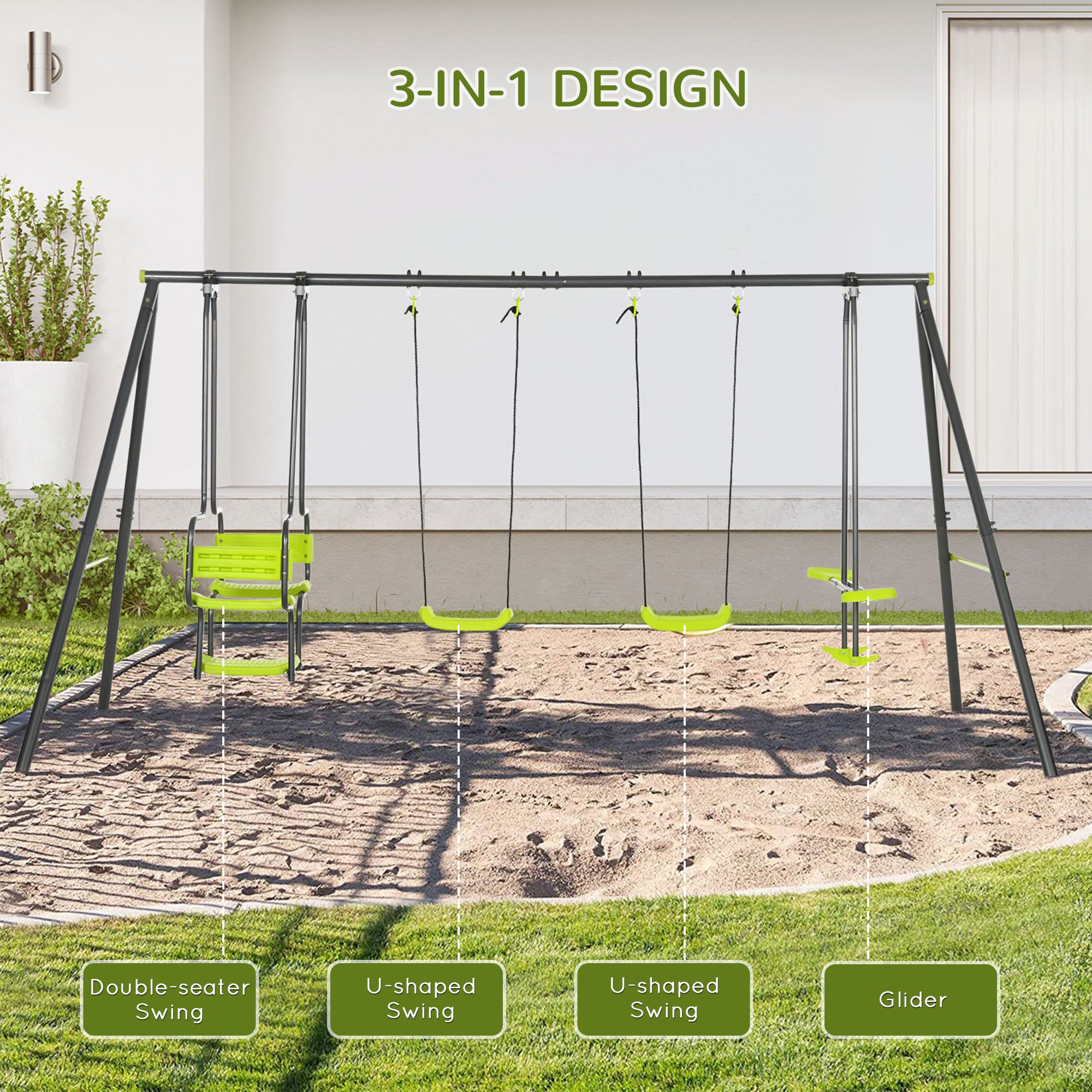 Metal Garden Swing Set With Double Swings, Glider, Swing Seats - Green