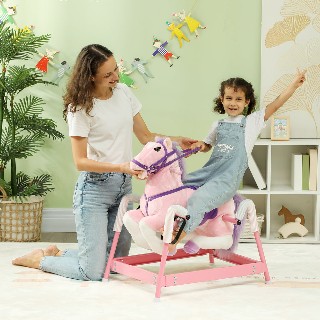 Spring Rocking Horse, Kids Ride on Horse, Plush Horse Ride-on w/ Sounds & Foot Stirrups for Kids 3-8 Years, Pink