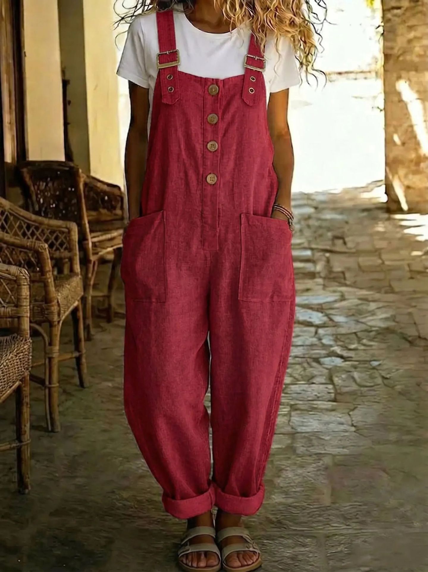 Solid-color Vintage Straight-leg Overalls For Women