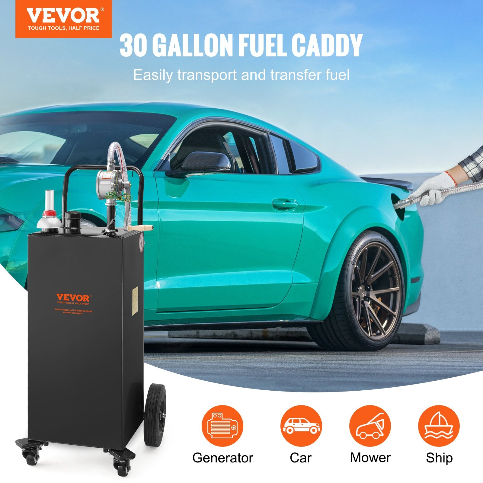 30 Gallon Fuel Caddy, Gas Storage Tank  4 Wheels, With Manuel Transfer Pump, Gasoline Fuel Container For Cars, Lawn Mowers, ATVs, Boats, More, Black
