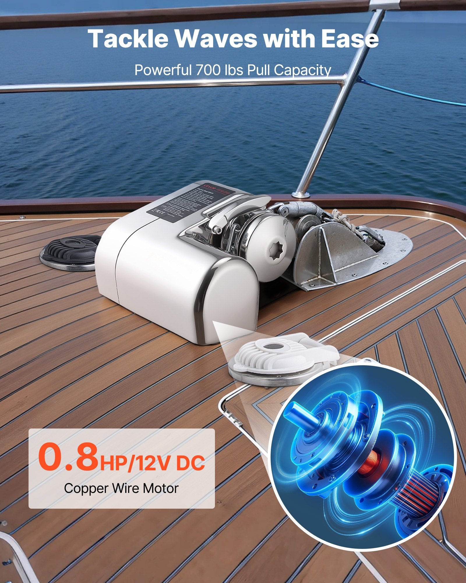 Horizontal Fishing Windlass, 12V DC 600W, Windlass Anchor Systems Fit For 1/4-Inch Chain Or 9/16 & 5/8 Inch Nylon Rope, Max Pull 573 Lbs, 316 Stainless Steel Construction, For Boats 23-29.5 Ft