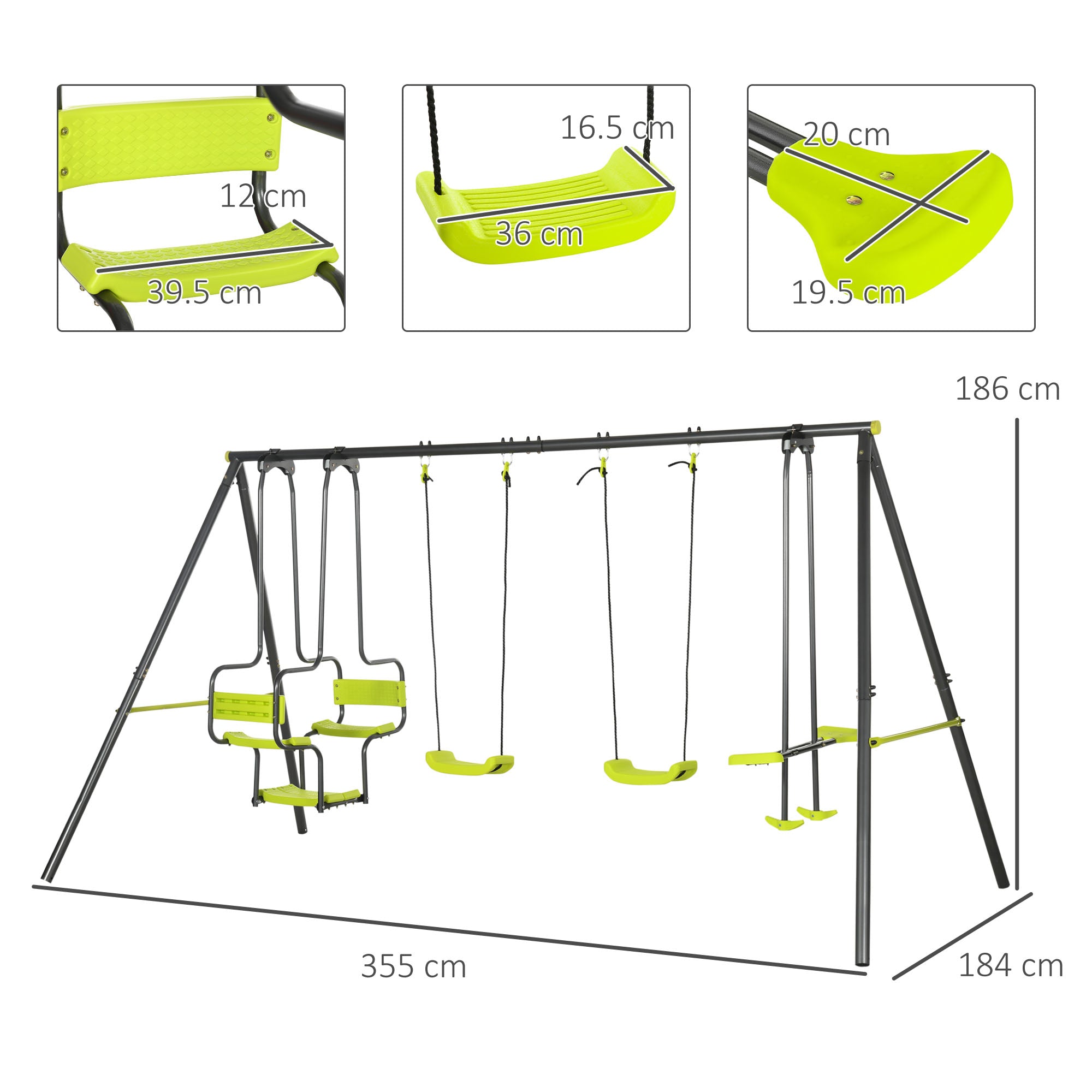 Metal Garden Swing Set With Double Swings, Glider, Swing Seats - Green