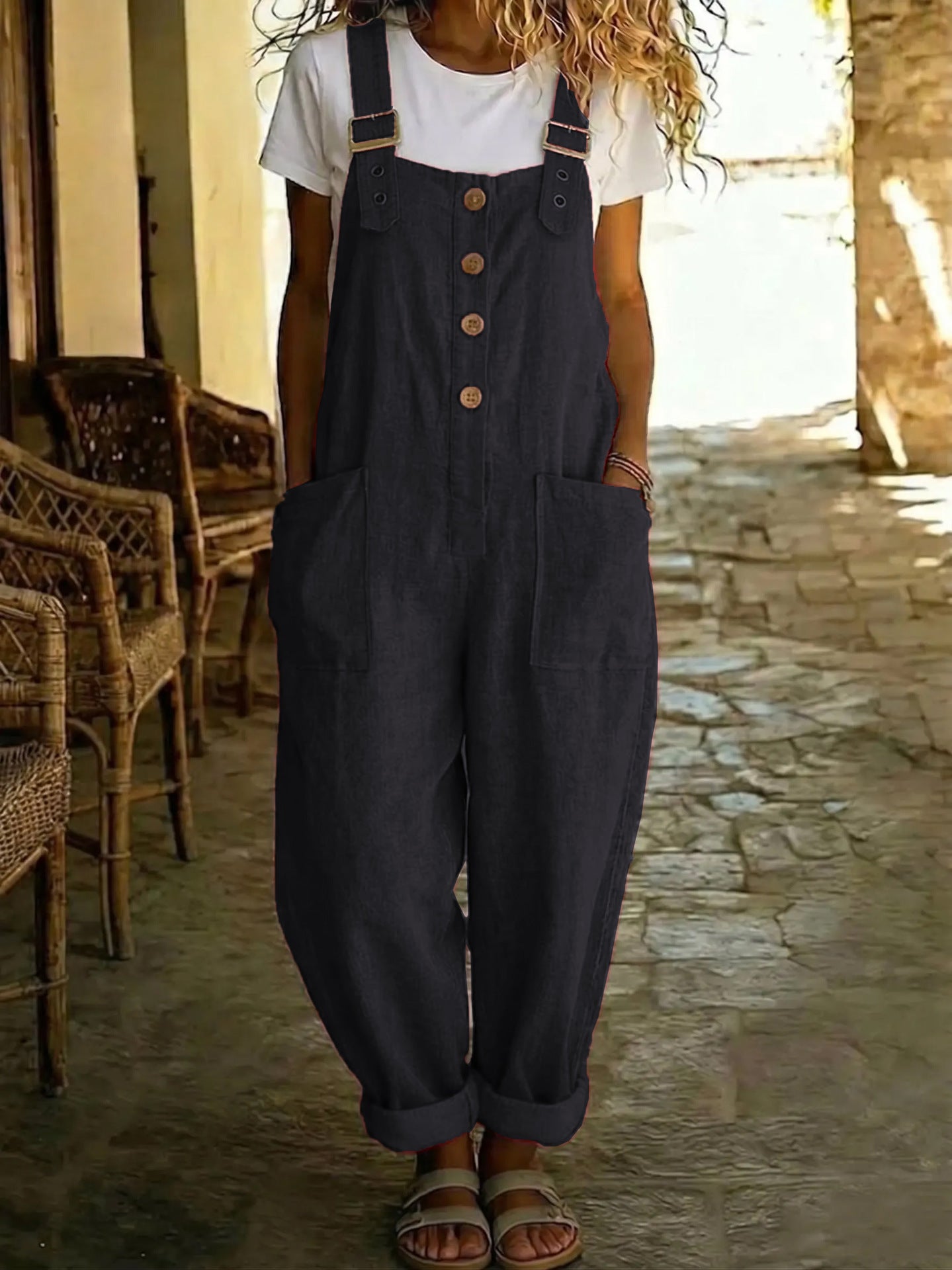 Solid-color Vintage Straight-leg Overalls For Women