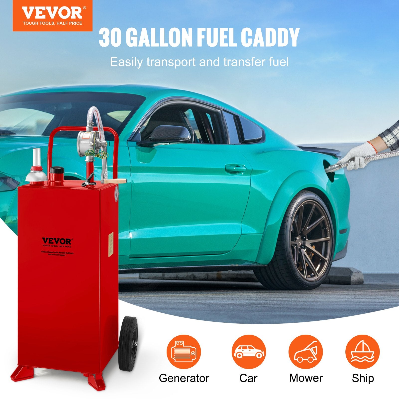 30 Gallon Fuel Caddy, Fuel Storage Tank On 2 Wheels, Portable Gas Caddy With Manuel Transfer Pump, Gasoline Diesel Fuel Container For Cars, Lawn Mowers, ATVs, Boats, More, Red